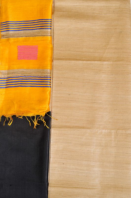 Marzipan and Black Plain Salwar Kameez Fabric with Stripes on Dupatta