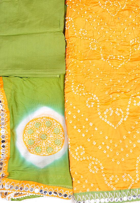 Warm-Apricot and Green Bandhani Tie-Dye Salwar Kameez Fabric from Gujarat with Patch Border