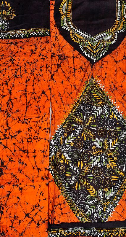 Orange and Black Batik Salwar Kameez Fabric from Kolkata with Kantha Hand-Embroidery