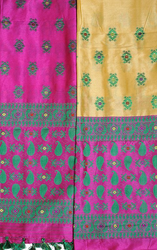 Italian-Straw and Rosebud Kameez Fabric with Dupatta from Assam with Woven Bootis and Paisleys (Two Piece)