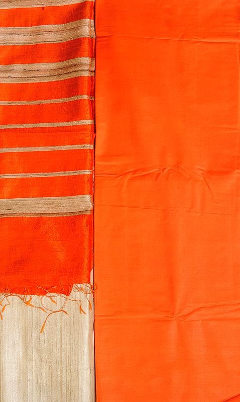 Orange and Beige Plain Salwar Kameez Fabric with Striped Dupatta