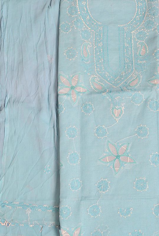 Sky-Blue Salwar Kameez Fabric with Lukhnawi Chikan Hand-Embroidery and Flowers