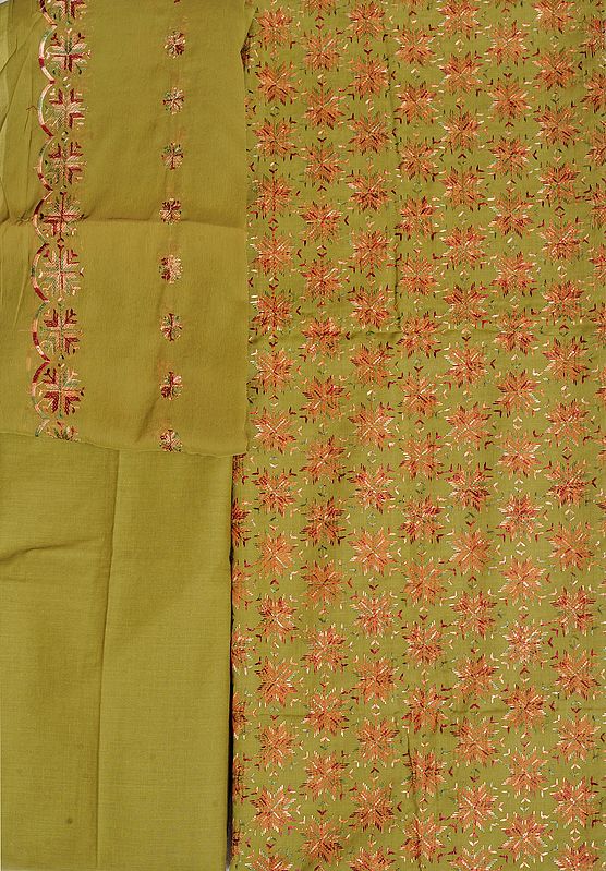 Olive-Green Salwar Kameez Fabric From Punjab with Phulkari-Embroidered Flowers