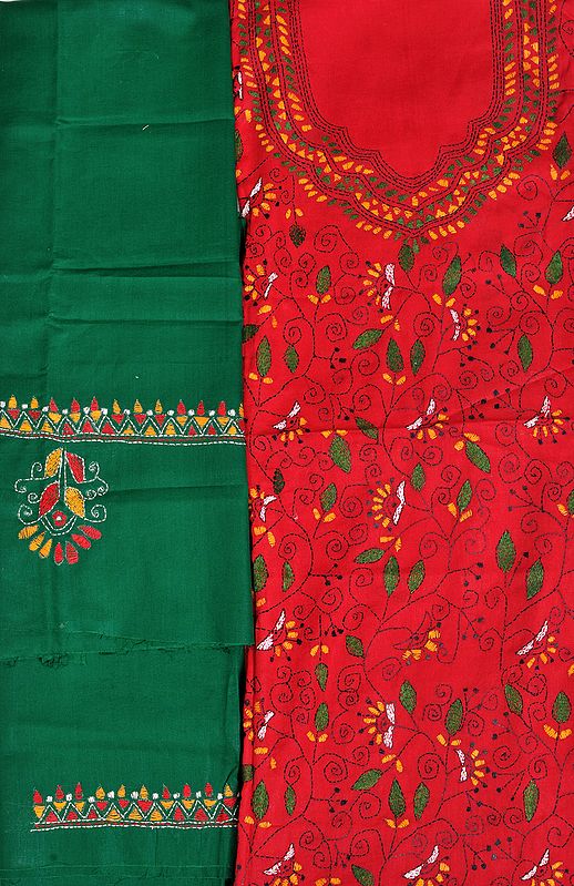 Red and Green Salwar Kameez Fabric from Kolkata with Kantha Hand-Embroidery