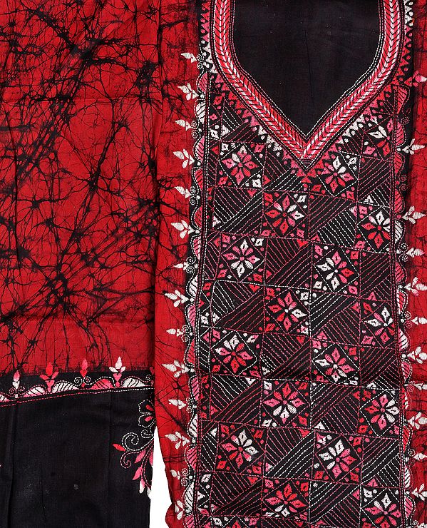 Maroon and Black Batik Salwar Kameez Fabric from Kolkata Kantha Hand-Embroidery