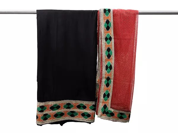 Black and Red Phulkari Salwar Kameez Fabric from Punjab with Patch Border and Net Dupatta