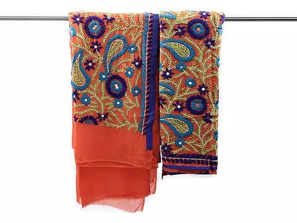 Emberglow Phulkari Salwar Kameez Fabric with Floral Embroidery from Punjab
