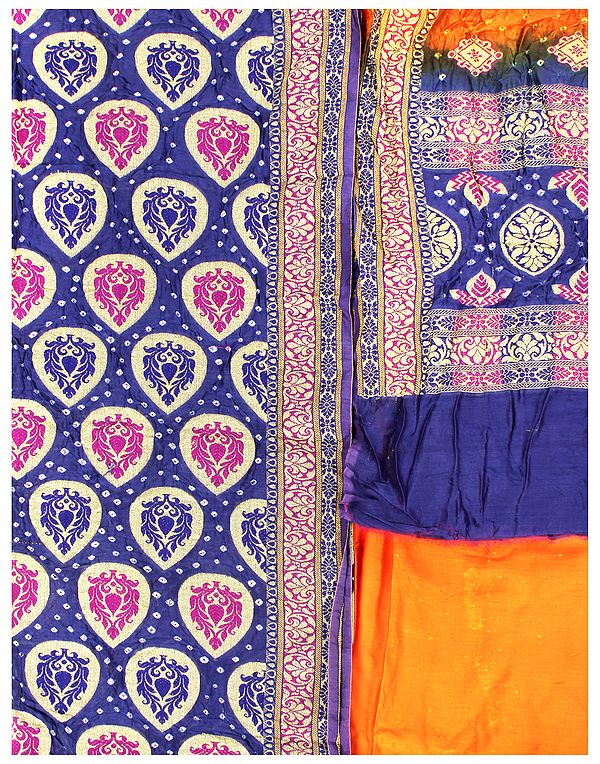 Marzipan-Blue and Nectarine Bandhani Tie-Dye Salwar Kameez Fabric from Gujarat with Woven Bootis