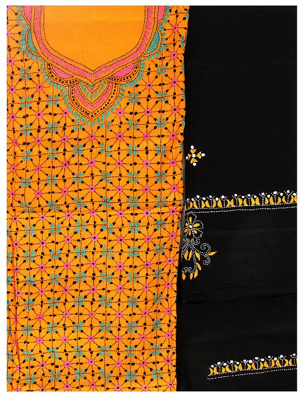 Autumn-Sunset Salwar Kameez Fabric from Kolkata with Kantha Embroidered Florals