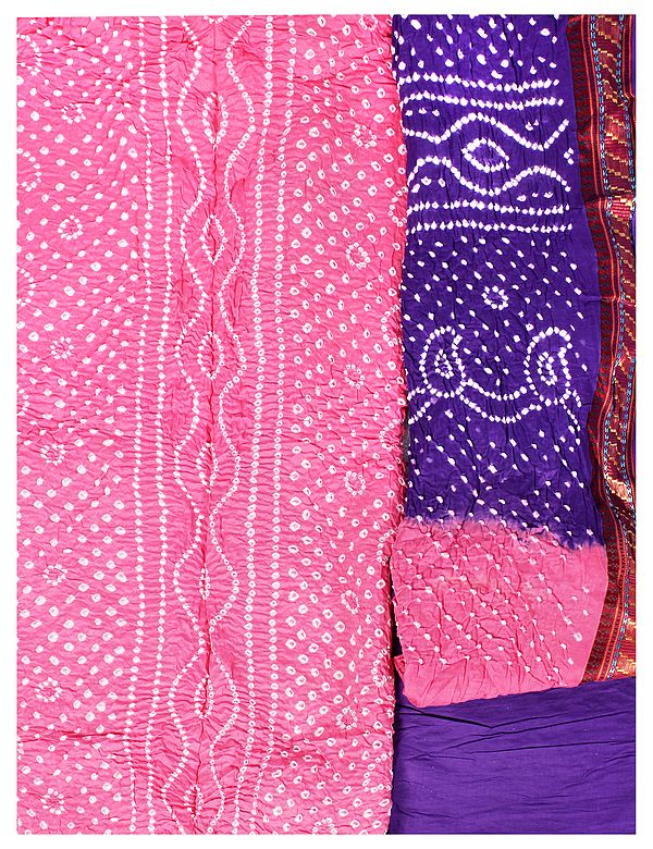 Hot-Pink Bandhani Tie-Dye Salwar Kameez Fabric from Gujarat with Woven Border
