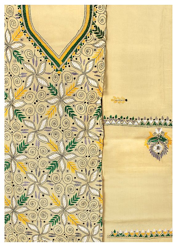 Sea-Mist Salwar Kameez Fabric from Kolkata with Kantha Hand-Embroidered Florals