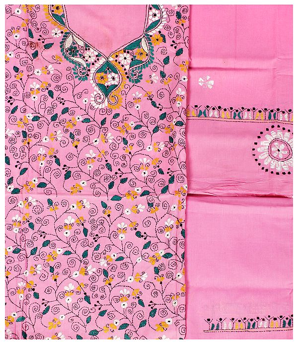 Sachet-Pink Salwar Kameez Fabric from Kolkata with Kantha Hand-Embroidery