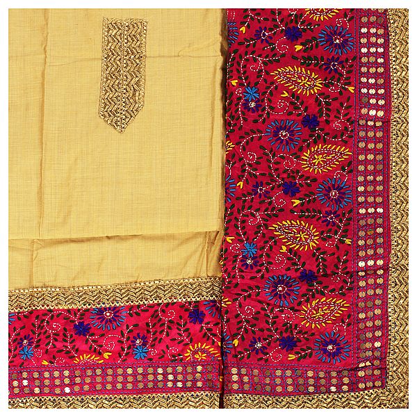 Sahara-Sun Phulkari Salwar Kameez Fabric from Punjab with Heavy Dupatta and Patch Border