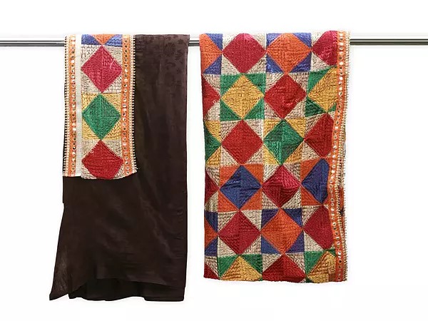 Phulkari Salwar Kameez Fabric from Punjab with Straight-Stitch Embroidery and Patch Border