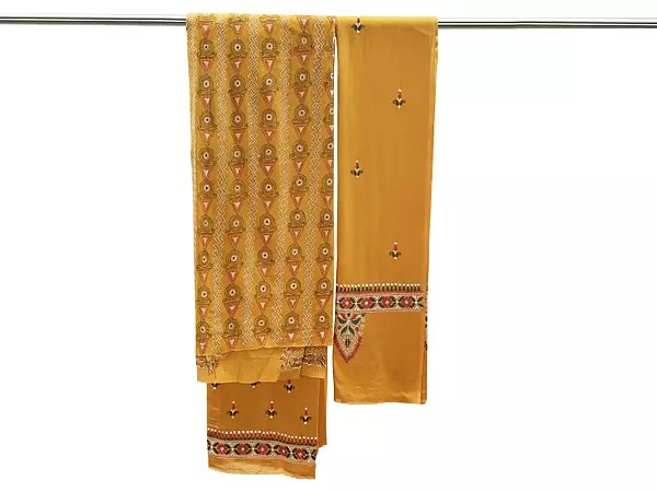 Marigold  Salwar Kameez Suit from Kolkata with Kantha-Embroidery by Hand
