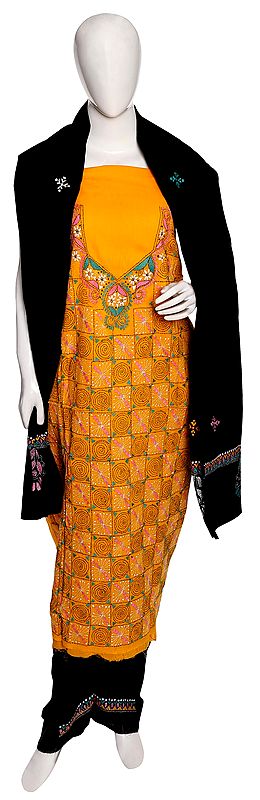 Citrus Salwar Kameez Fabric from Kolkata with Kantha Hand-Embroidery