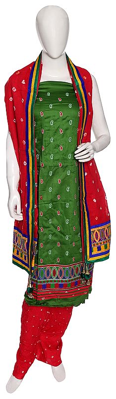 Dill-Green Salwar Kameez Bandhani Tie-Dye Dress Material from Gujarat with Embroidery and Tassels