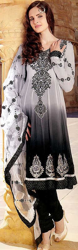 Smoke Gray Shaded Choodidaar Suit with Metallic Thread Embroidery,Sequins and Gota Border