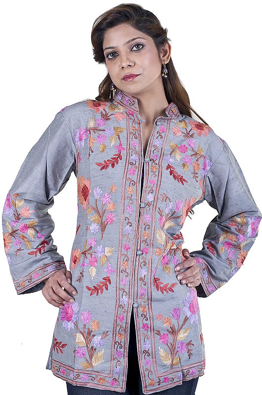 Smoke-Gray Kashmiri Jacket with Aari Embroidered Flowers All-Over