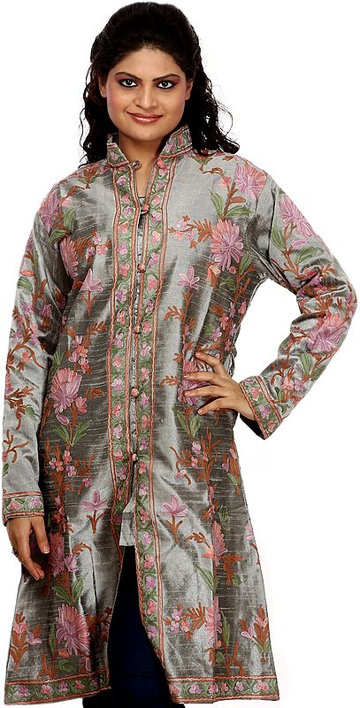 Smoke-Gray Long Kashmiri Jacket with Crewel Embroidered Flowers All-Over