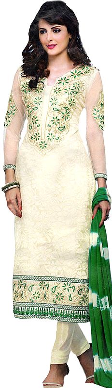 Snow-White and Green Long Choodidaar Suit with Floral Embroidery on Neck and Border