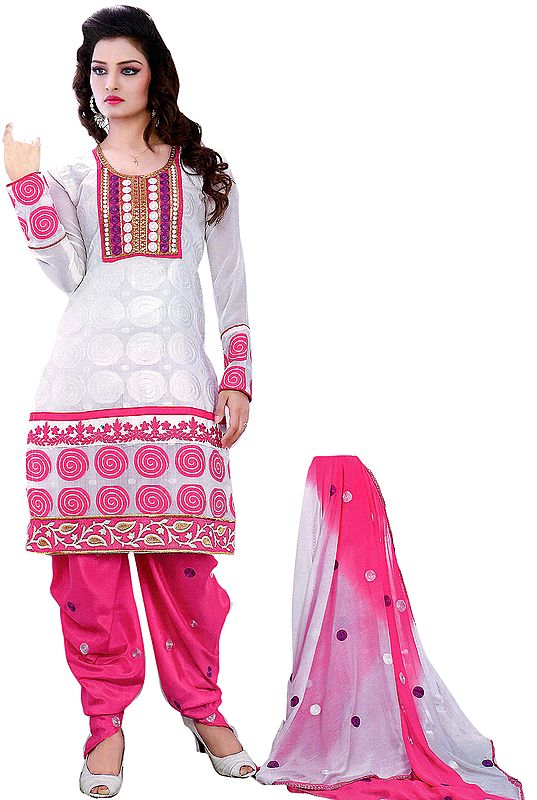 Snow-White and Hot-Pink Patiala Salwar Kameez with Patch on Neck and Border