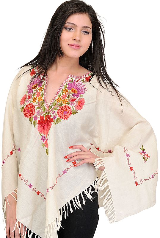 Snow-White Floral Kashmiri Poncho with Aari Embroidery by Hand