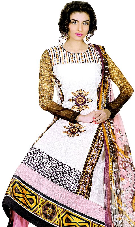 Snow-White Printed Salwar Kameez Suit from Pakistan with Embroidered Bootis