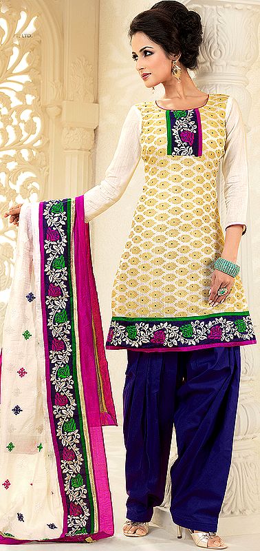Snow-White Salwar Kameez with Woven Bootis and Embroidered Patch Border