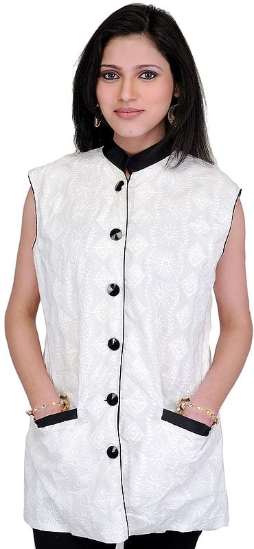 Snow-White Waistcoat with Lukhnavi Chikan Embroidery