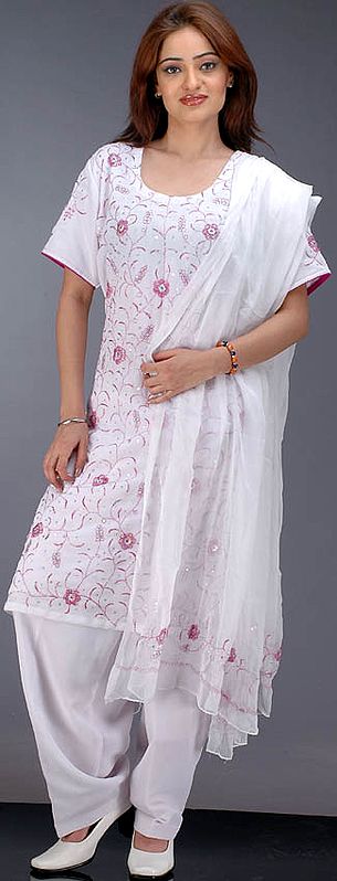 Snowy White Suit with Floral Embroidery