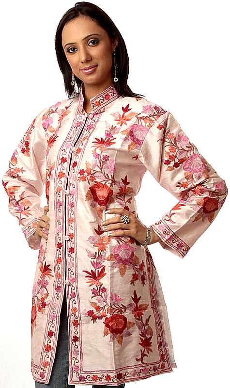 Soft-Pink Long Jacket with All-Over Crewel Embroidered Flowers