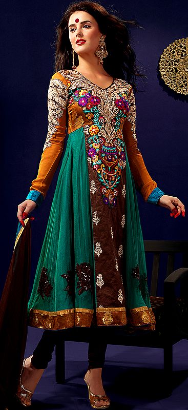 Spectra-Green and Mustard Designer Choodidaar Suit with Embroidered Flowers and Patch Border