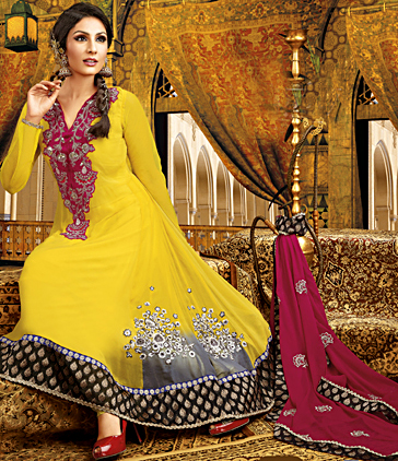 Spectra-Yellow Anarkali Salwar Suit with Thread Embroidery on Neck, Sequins and Patch Border