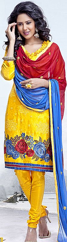 Spectra-Yellow Choodidaar Kameez Suit with Large Embroidered Flowers and Self-Weave