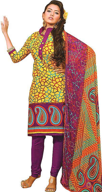 Spectra-Yellow Choodidaar Salwar Suit with Printed Large Paisleys on Border