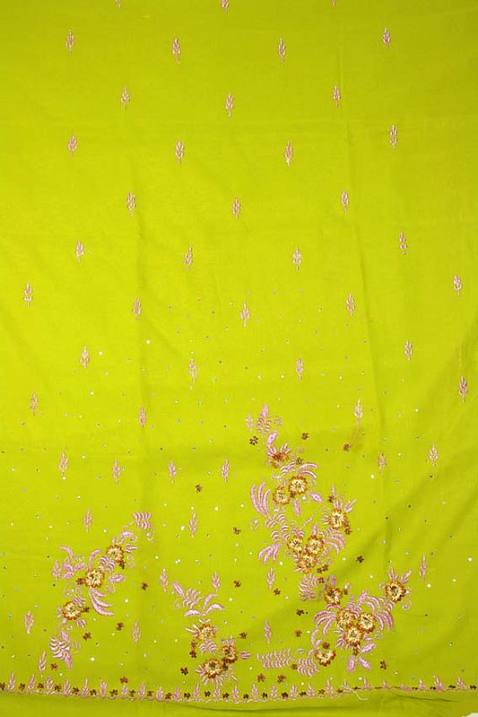 Spring-bud Green Salwar Suit Fabric with Parsi Embroidered Flowers on Front