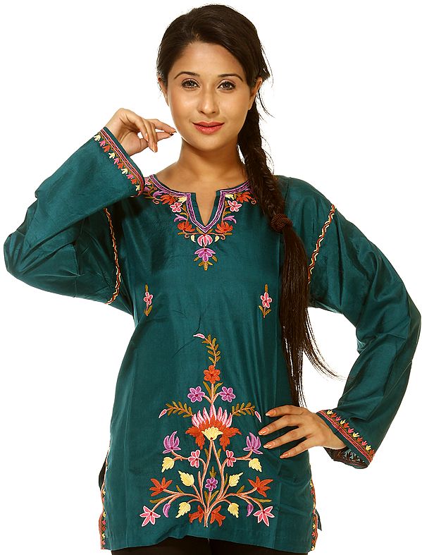 Spruce-Green Kashmiri Kurti with Aari Embroideredof Flowers