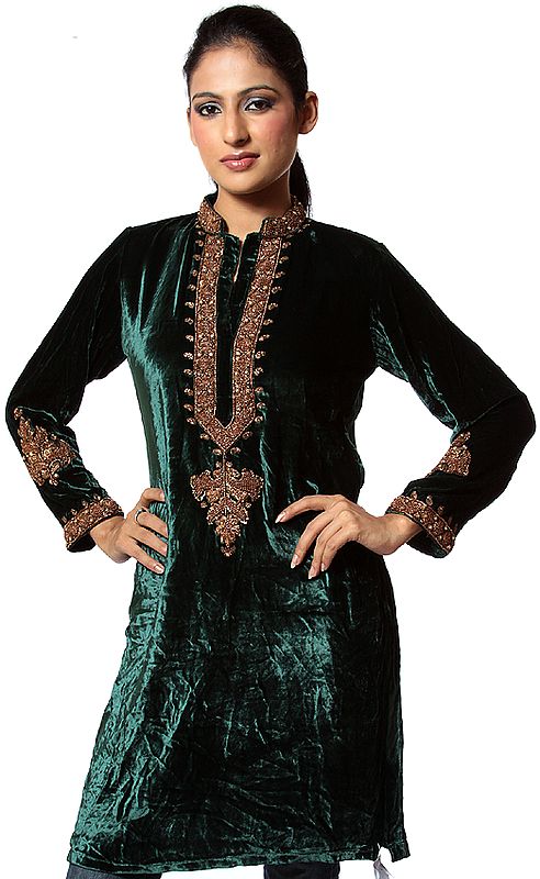 Green Tunic Top with Antique Embroidery by Hand