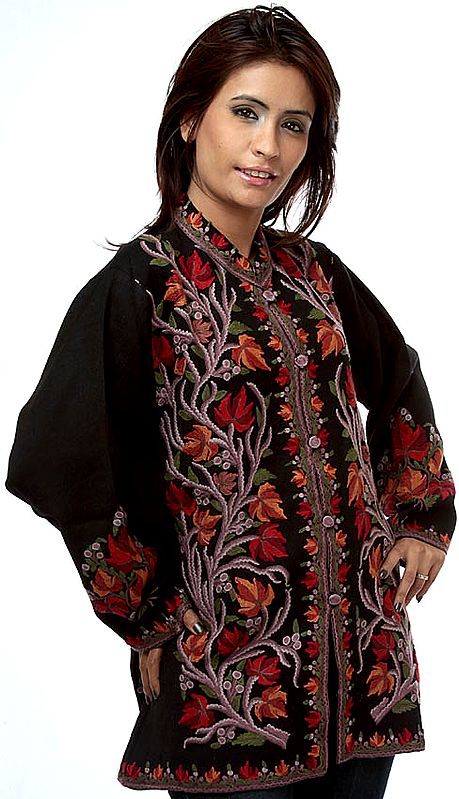 Black Jacket from Kashmir with Aari Embroidery by Hand