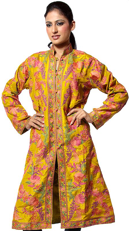 Old-Gold Long Silk Jacket with Embroidered Flowers All-Over