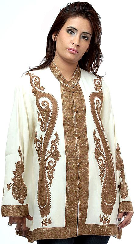 Ivory and Brown Jacket from Kashmiri with Aari Embroidered Paisleys by Hand