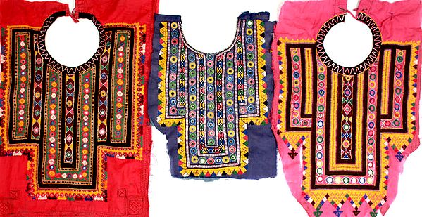Lot of Three Antiquuated Choli Design Patches from Kutch with Mirrors