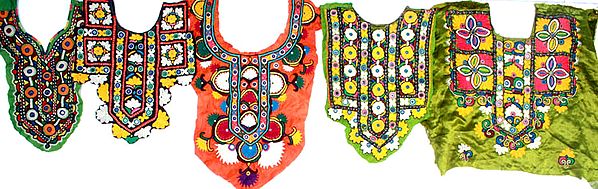 Lot of Five Antiquuated Choli Design Patches from Kutch with Mirrors