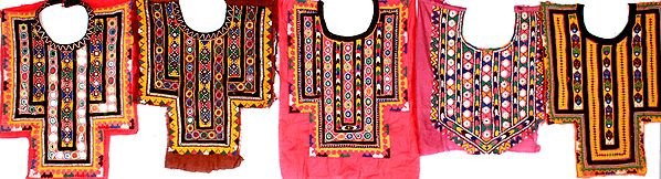 Lot of Five Antiquuated Choli Design Patches from Kutch with Mirrors