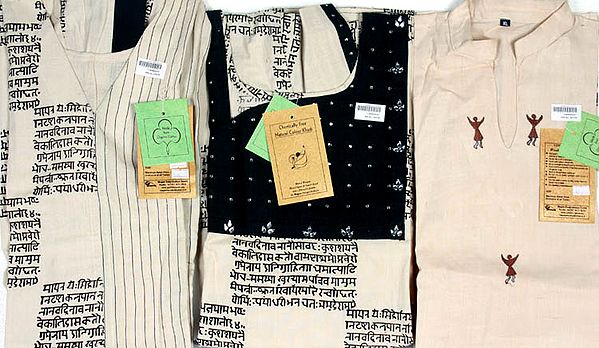 Lot of Three Khadi Unisex Kurta Tops with Embroidered Folk Motifs and Printed Hindu Mantras