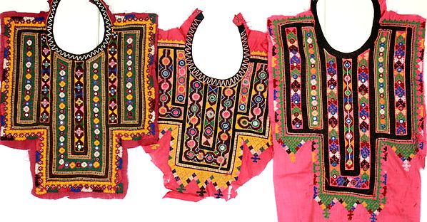 Lot of Three Antiquuated Choli Design Patches from Kutch with Mirrors