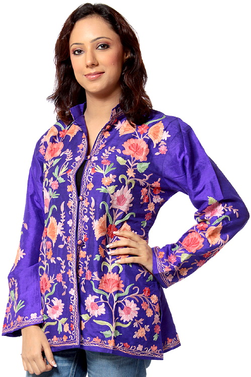 Purple Kashmiri Jacket with Embroidered Flowers All Over
