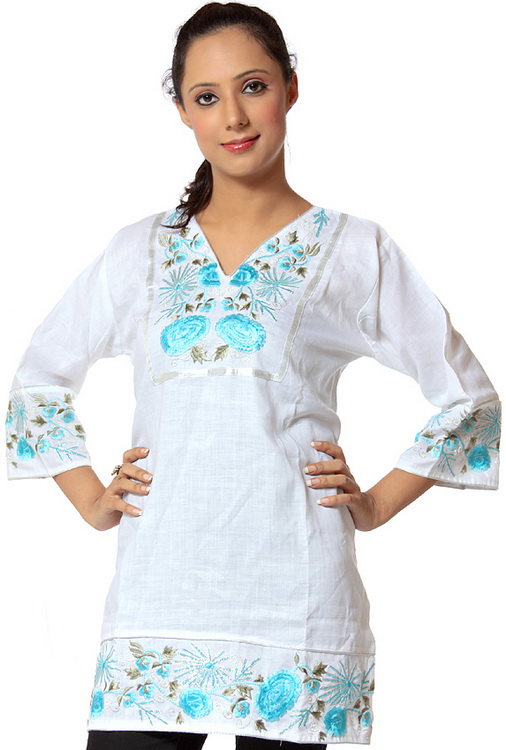 White Kurti from Mysore with Crewel Embroidered Flowers