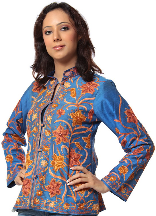 Deep-Water Blue Kashmiri Jacket with Embroidered Flowers in Mustard Thread
